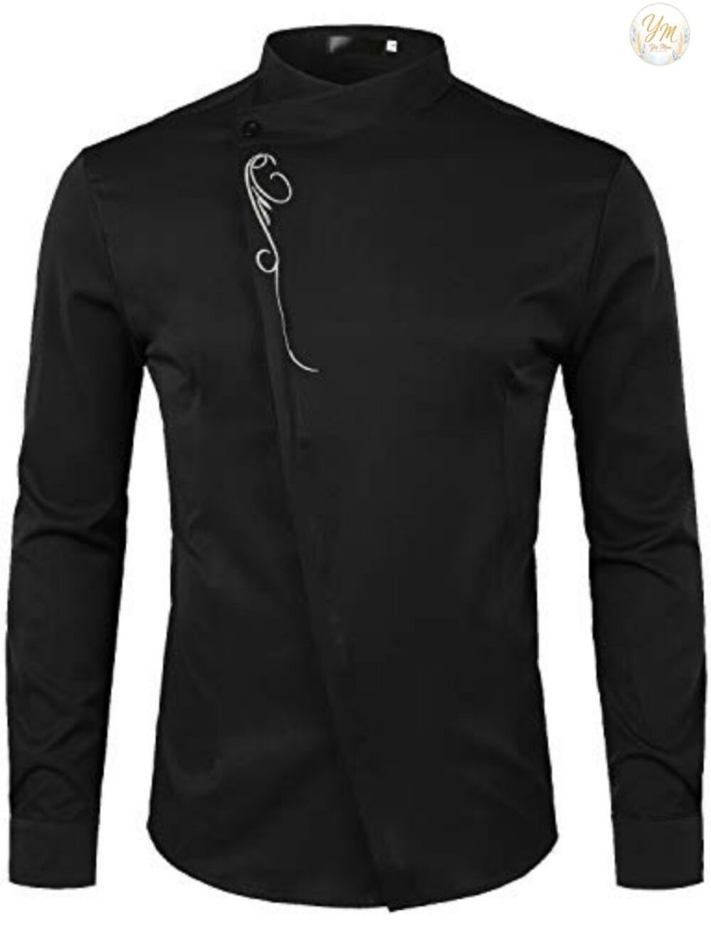Men's Gold Embroidery Mandarin Collar Long Sleeve Slim Fit Button Down Dress